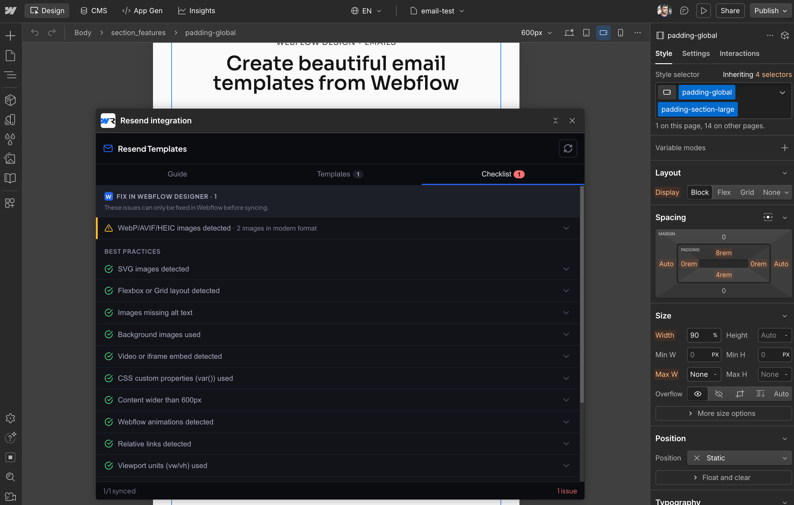 The compatibility checklist inside the Webflow Designer extension